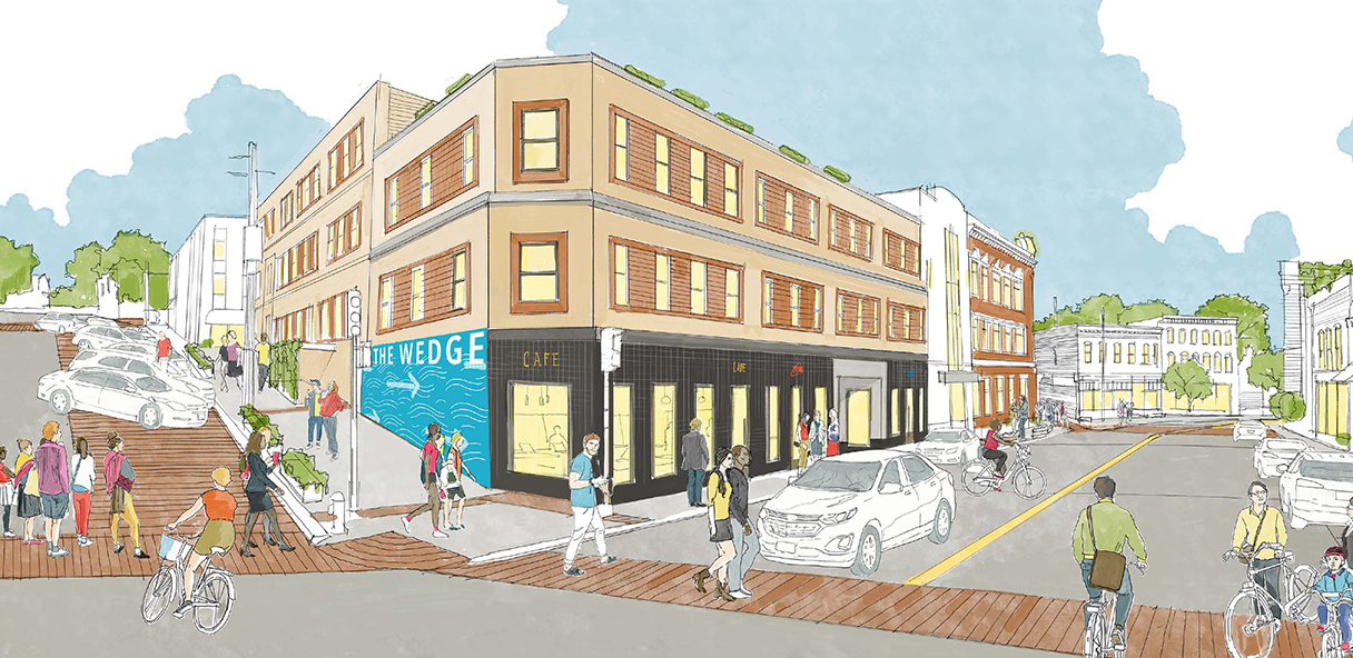 Rendering of brick building with people walking in the crosswalk across the streets.